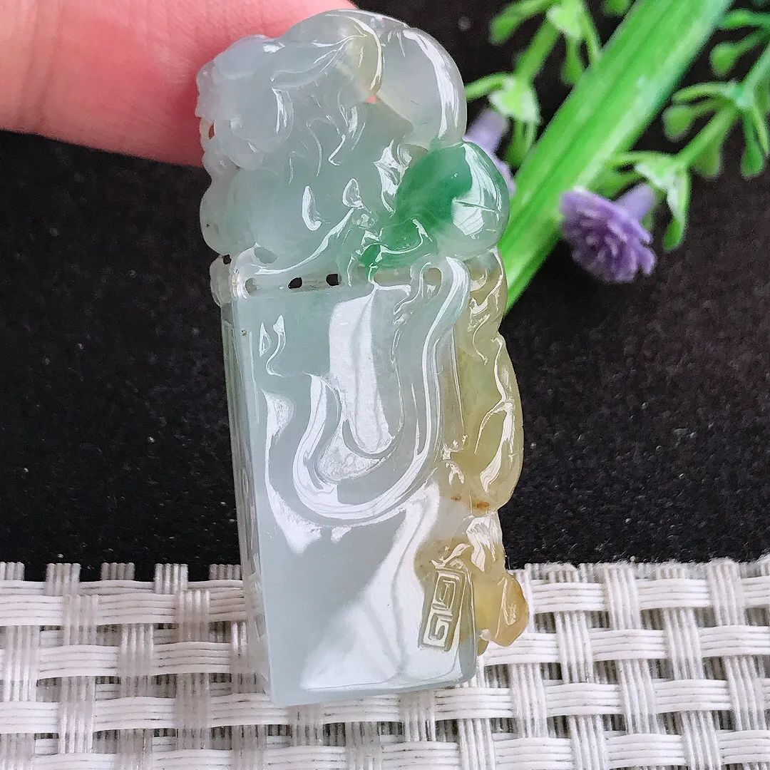 自然光47/19.8/11.6老坑冰润起胶福禄寿三彩貔貅印章翡翠玉百搭