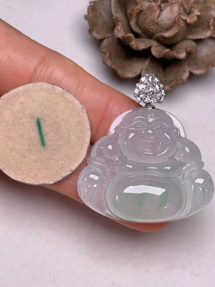 冰种飘绿佛公吊坠、真金真钻镶嵌，种水好，玉质细腻 .裸石尺寸 33.6*28.3