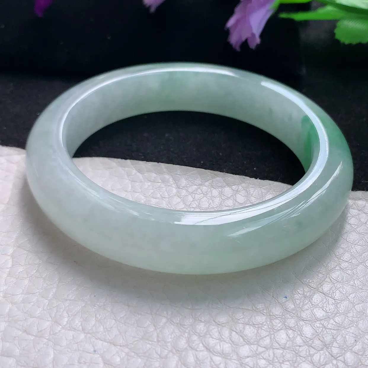 jm自然光55.5*12.5*9.6平安镯 天然缅甸翡翠a货手镯飘绿花正圈冰透厚镯子