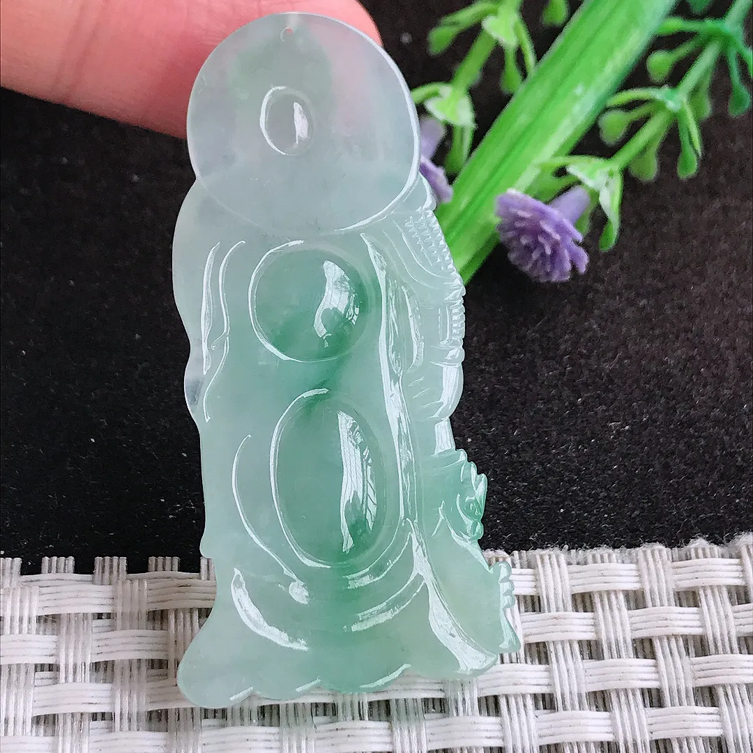 自然光51.5/25.7/6.5老坑冰胶果冻飘绿关公吊坠翡翠玉坠挂件百搭