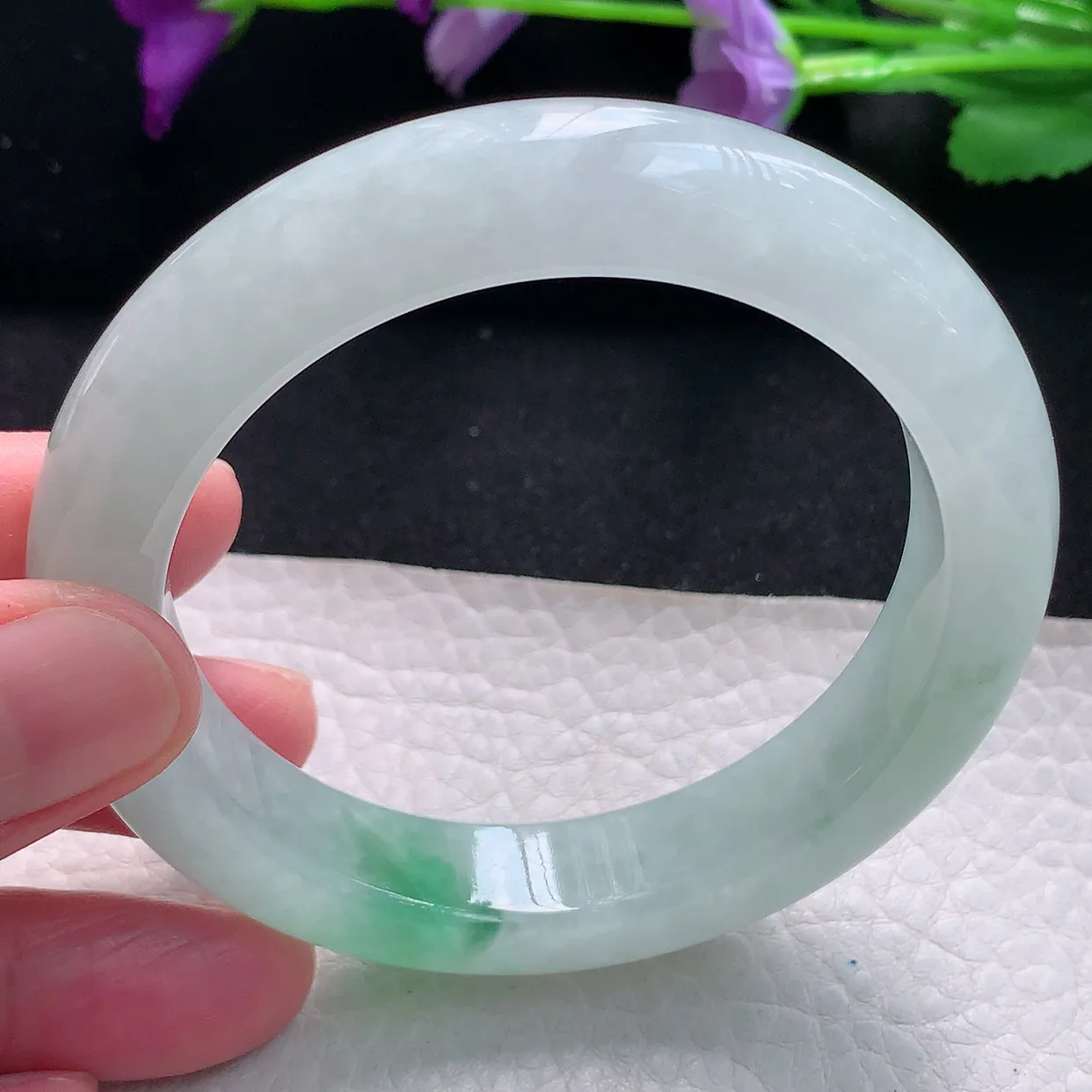 jm自然光55.5*12.5*9.6平安镯 天然缅甸翡翠a货手镯飘绿花正圈冰透厚镯子