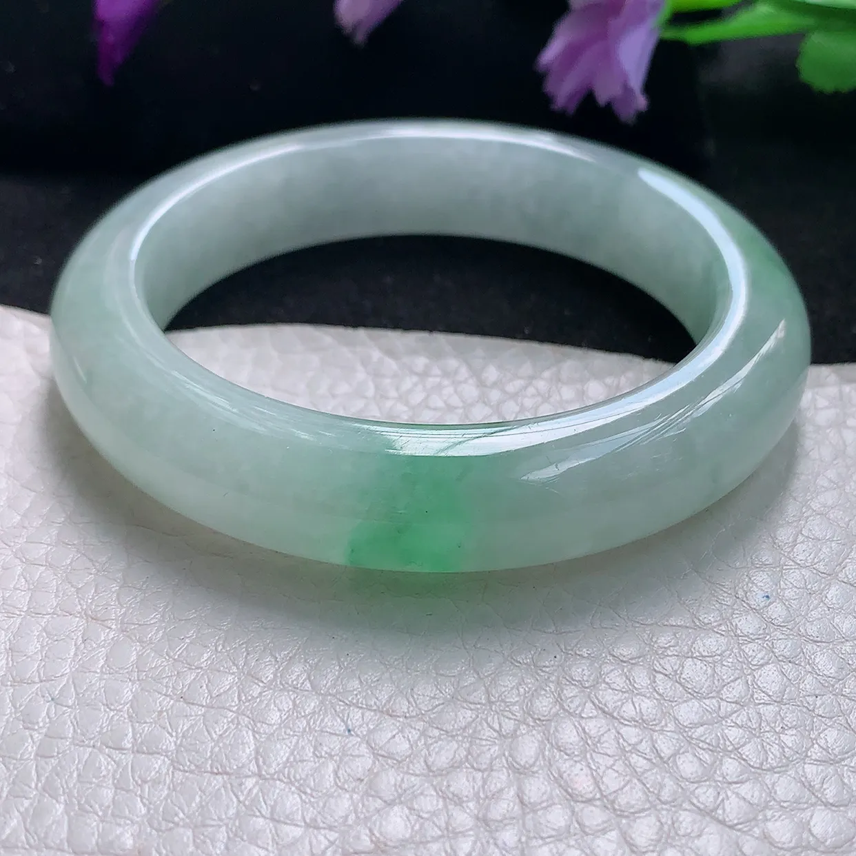 jm自然光55.5*12.5*9.6平安镯 天然缅甸翡翠a货手镯飘绿花正圈冰透厚镯子