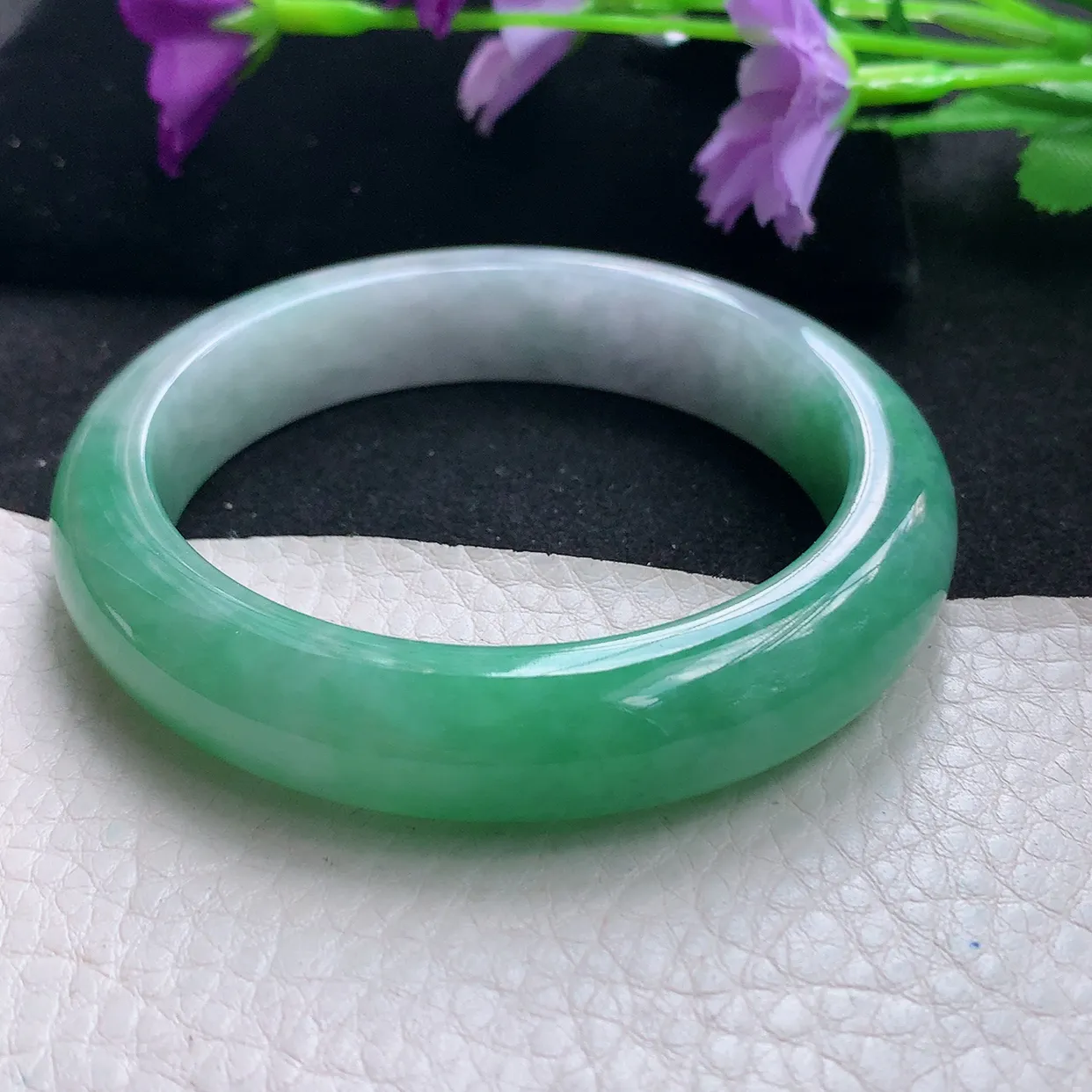 Pj自然光54*12.3*8.7平安镯 天然缅甸翡翠a货手镯半山半水绿镯手镯