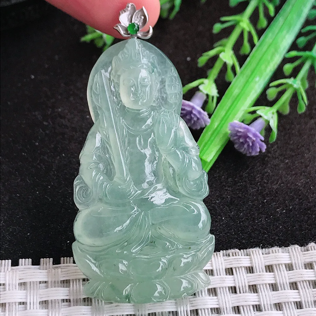 自然光51.8/28/5.3老坑18k金镶嵌冰种果冻胶冰晴绿虚空藏菩萨吊坠翡翠玉坠挂件百搭