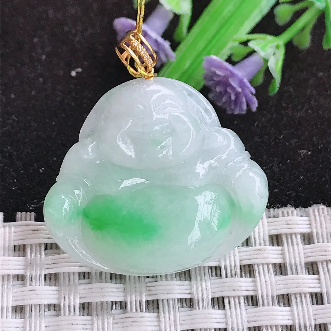 自然光25/28.5/5.7老坑18k金镶嵌冰润飘阳绿佛公吊坠翡翠玉坠挂件