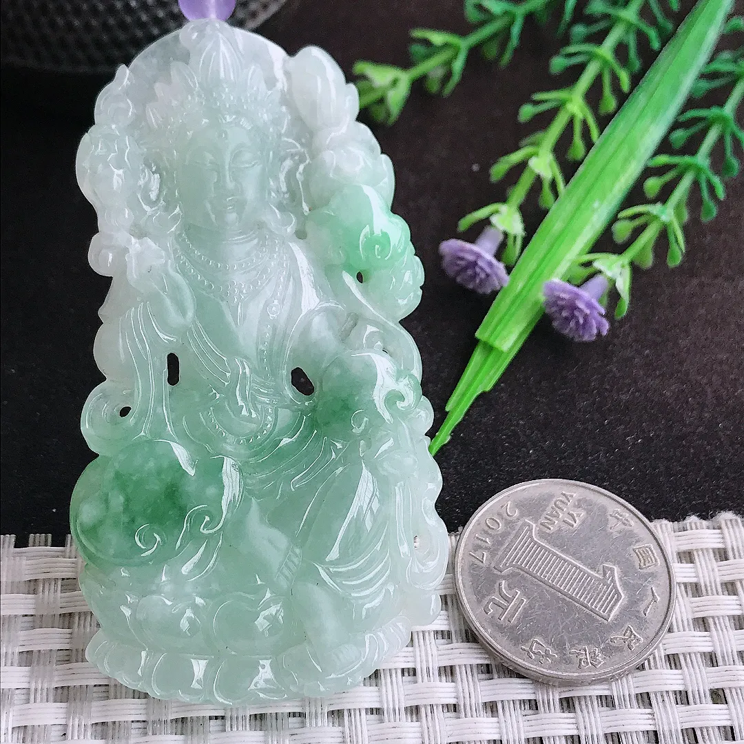 自然光73.8/40/6.8老坑精美冰润飘花渡母菩萨吊坠翡翠玉坠挂件百搭