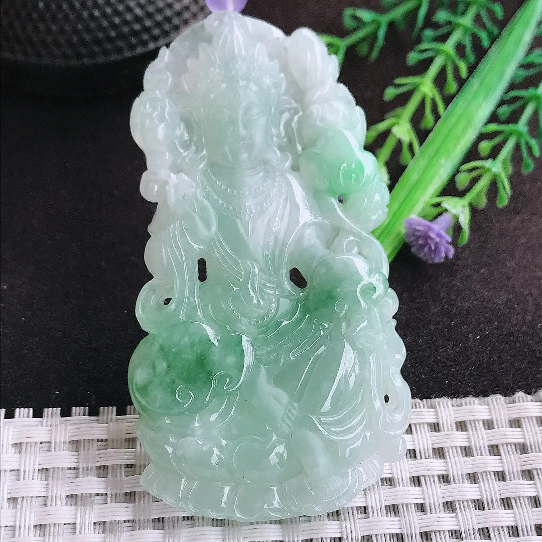 自然光73.8/40/6.8老坑精美冰润飘花渡母菩萨吊坠翡翠玉坠挂件百搭