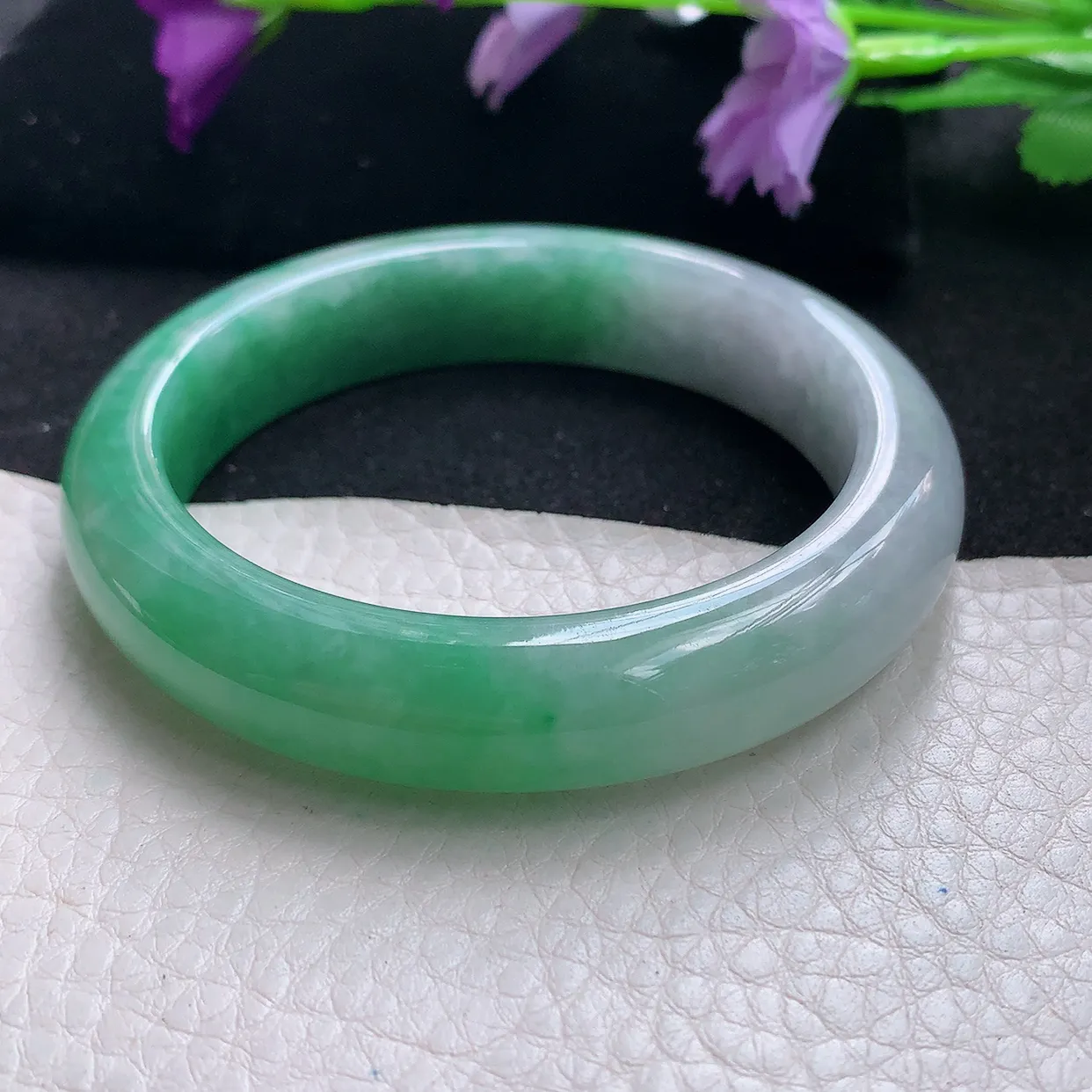 Pj自然光54*12.3*8.7平安镯 天然缅甸翡翠a货手镯半山半水绿镯手镯