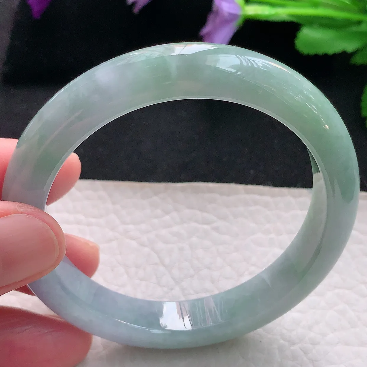 js自然光56*11.2*8平安镯 天然缅甸翡翠手镯淡紫正圈宽边镯子玉手环