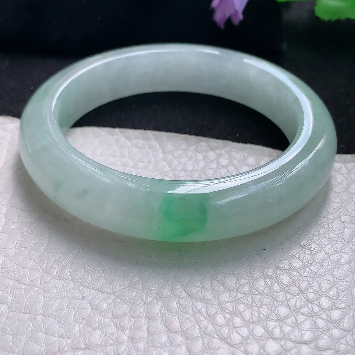 jm自然光55.5*12.5*9.6平安镯 天然缅甸翡翠a货手镯飘绿花正圈冰透厚镯子