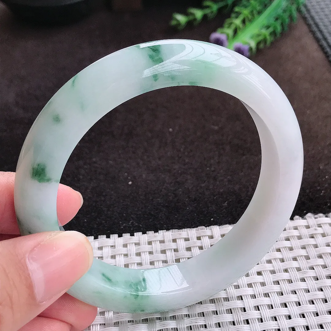 自然光60/12.6/9.3老坑冰润水灵飘花大圈口手镯宽边翡翠玉镯美人镯