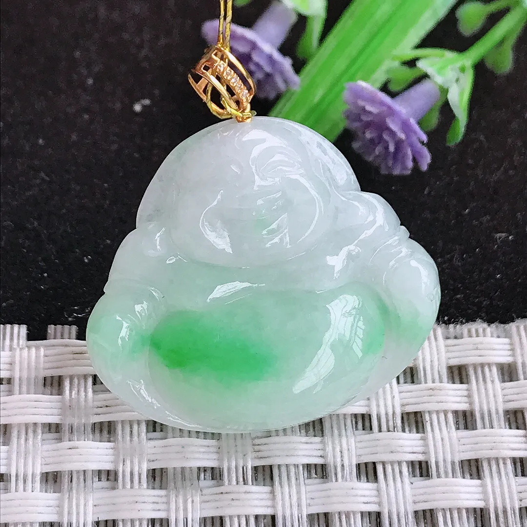 自然光25/28.5/5.7老坑18k金镶嵌冰润飘阳绿佛公吊坠翡翠玉坠挂件