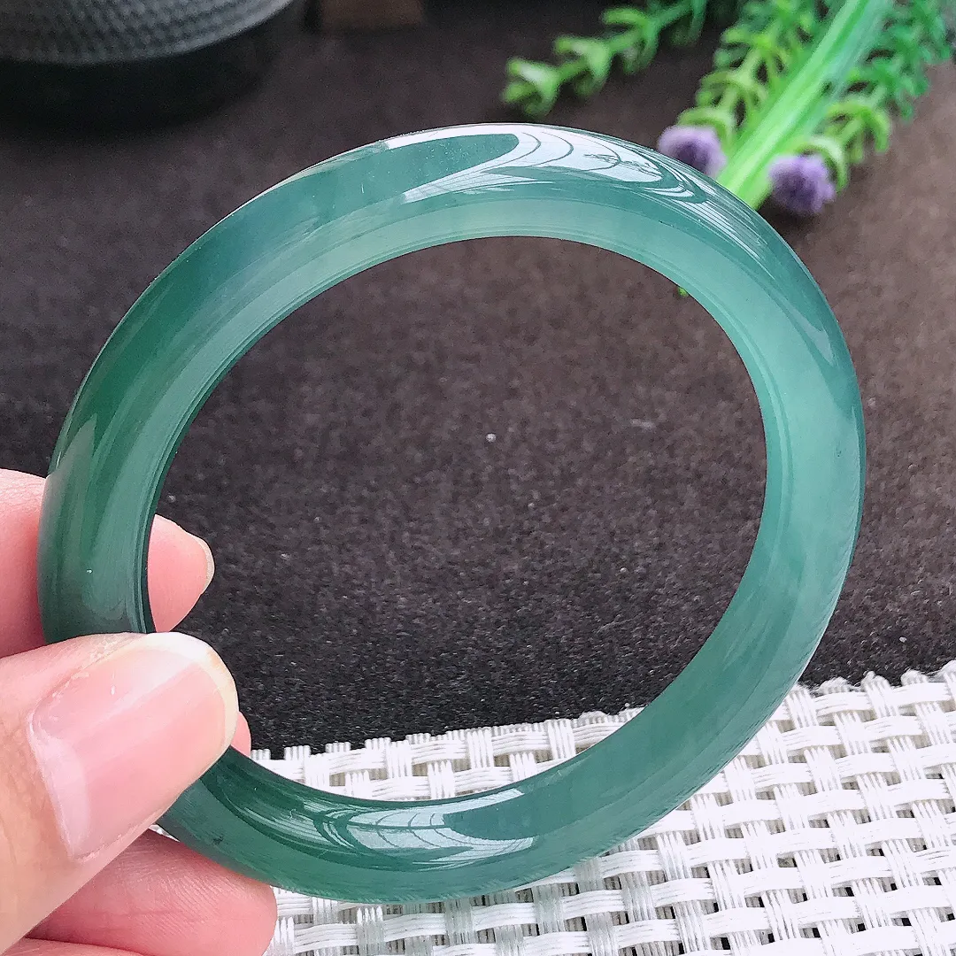 自然光55.5/9/8.6老坑冰胶果冻满色蓝韵圆条手镯宽边翡翠玉镯美人镯