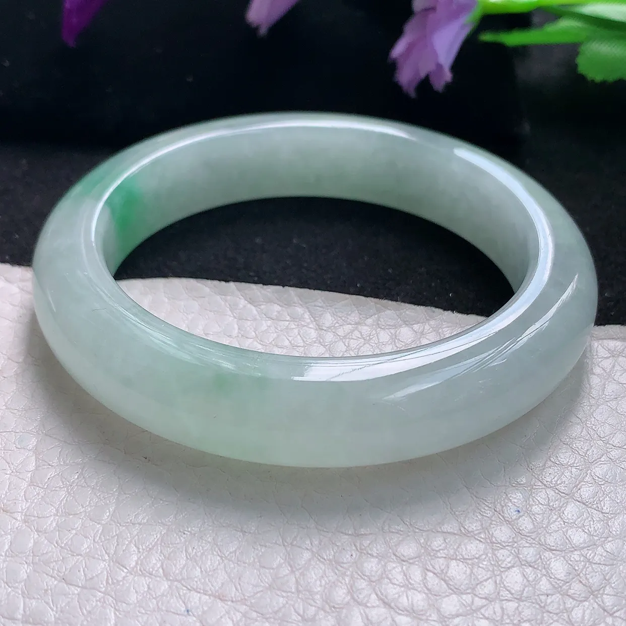 jm自然光55.5*12.5*9.6平安镯 天然缅甸翡翠a货手镯飘绿花正圈冰透厚镯子