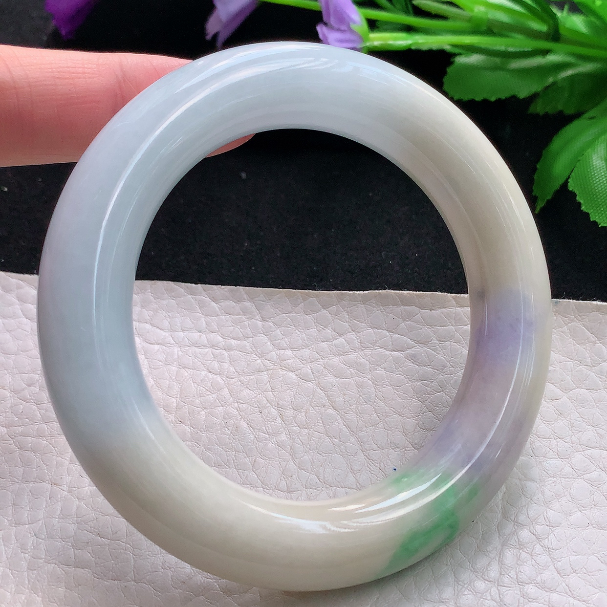 ss自然光57*13*12.7胖圆镯天然缅甸翡翠手镯三彩水润黄加绿圆条镯子