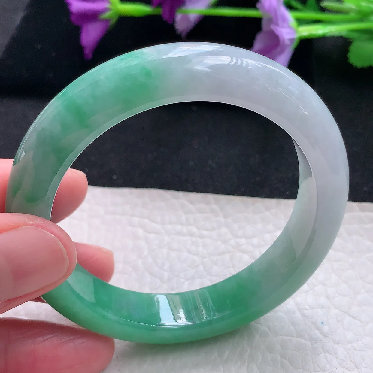 Pj自然光54*12.3*8.7平安镯 天然缅甸翡翠a货手镯半山半水绿镯手镯