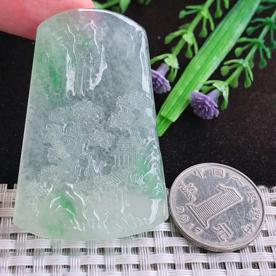 自然光55/37/6.3老坑冰种果冻胶飘翠绿山水牌吊坠翡翠玉坠挂件百搭