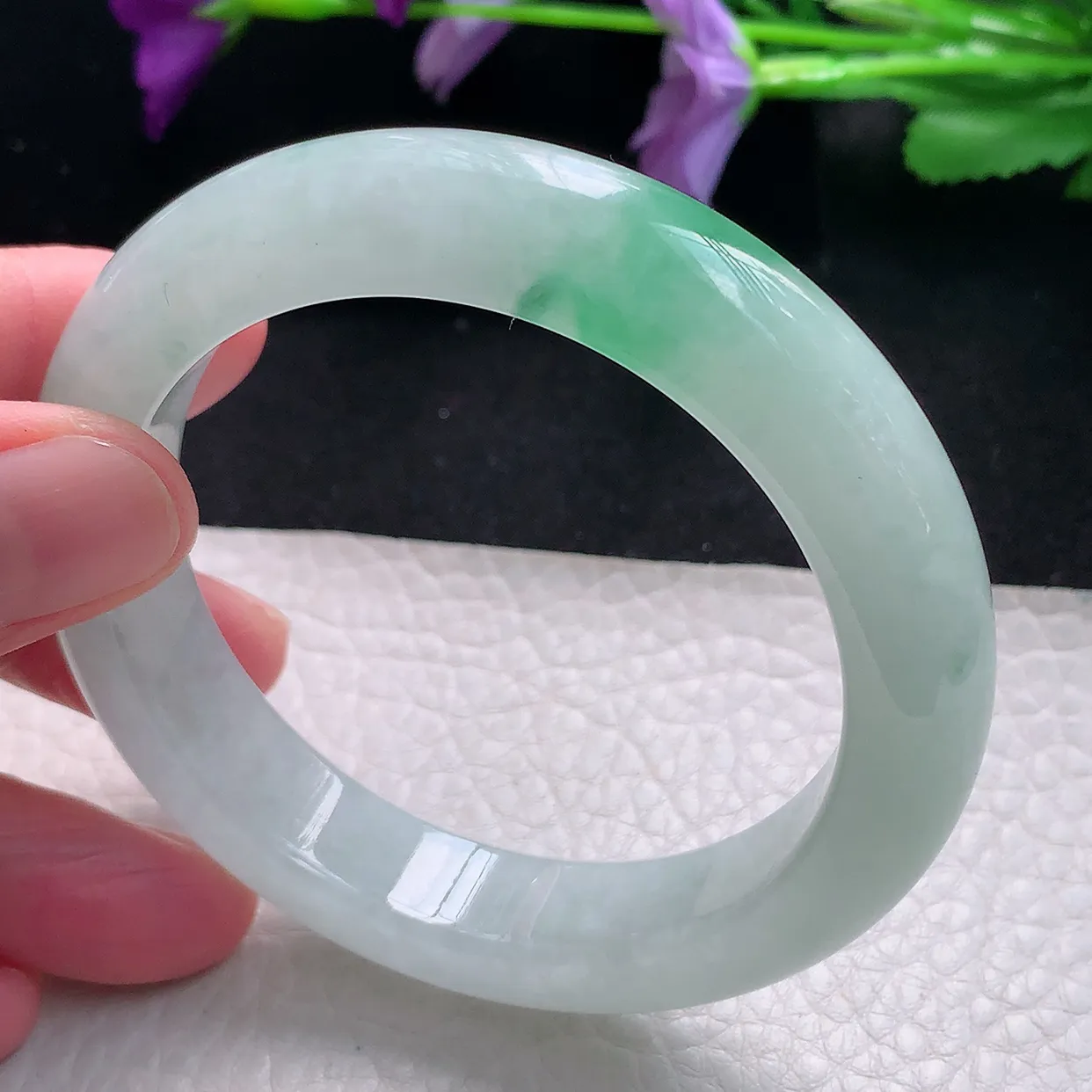 jm自然光55.5*12.5*9.6平安镯 天然缅甸翡翠a货手镯飘绿花正圈冰透厚镯子