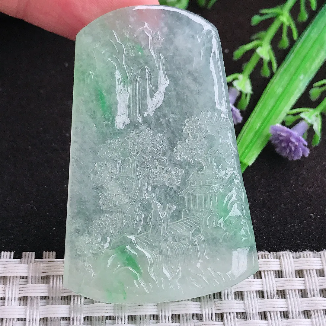 自然光55/37/6.3老坑冰种果冻胶飘翠绿山水牌吊坠翡翠玉坠挂件百搭