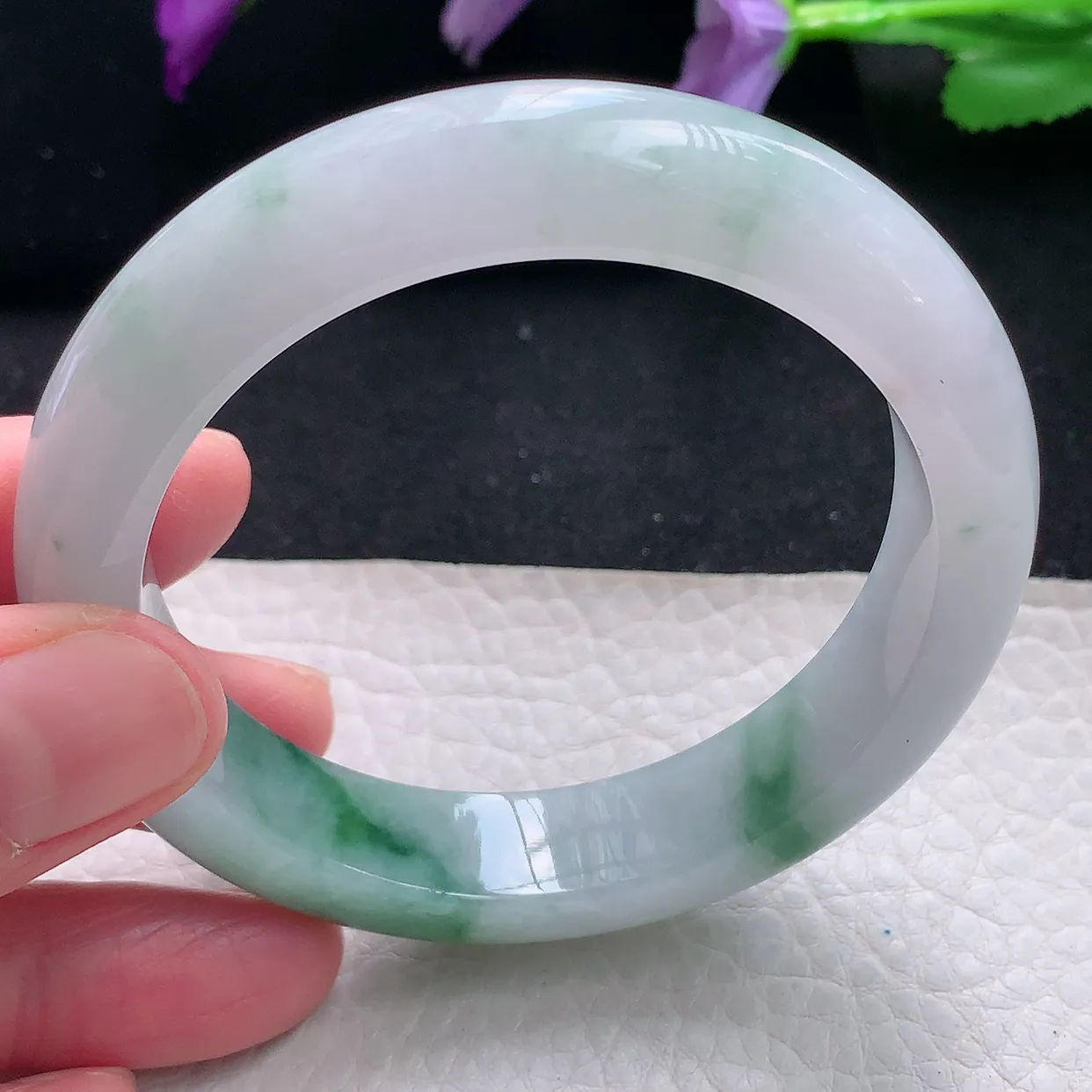 xh自然光55.5*12.6*9平安镯 天然缅甸翡翠a货手镯飘花正圈宽边镯子