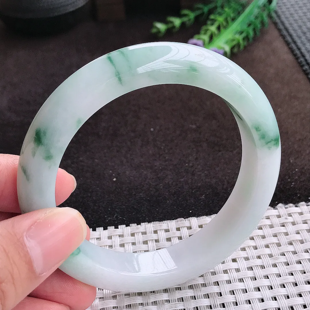 自然光60/12.6/9.3老坑冰润水灵飘花大圈口手镯宽边翡翠玉镯美人镯