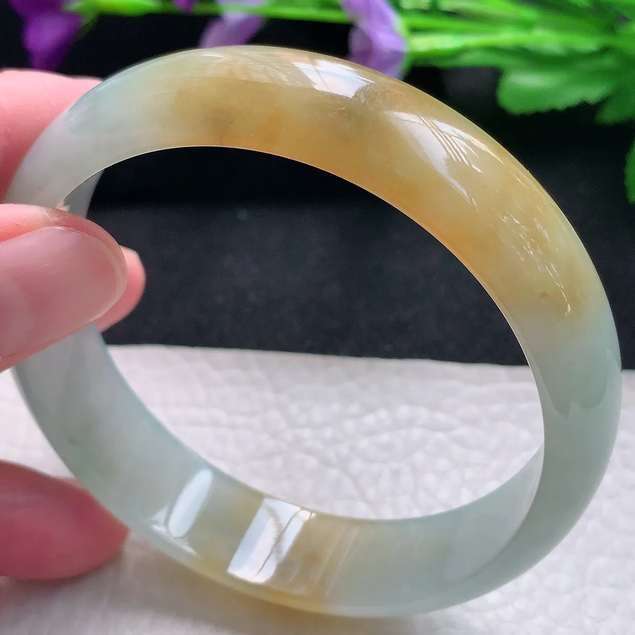 mq自然光60.5*15*7轮胎镯 天然缅甸翡翠a货手镯黄翡正圈冰透镯子