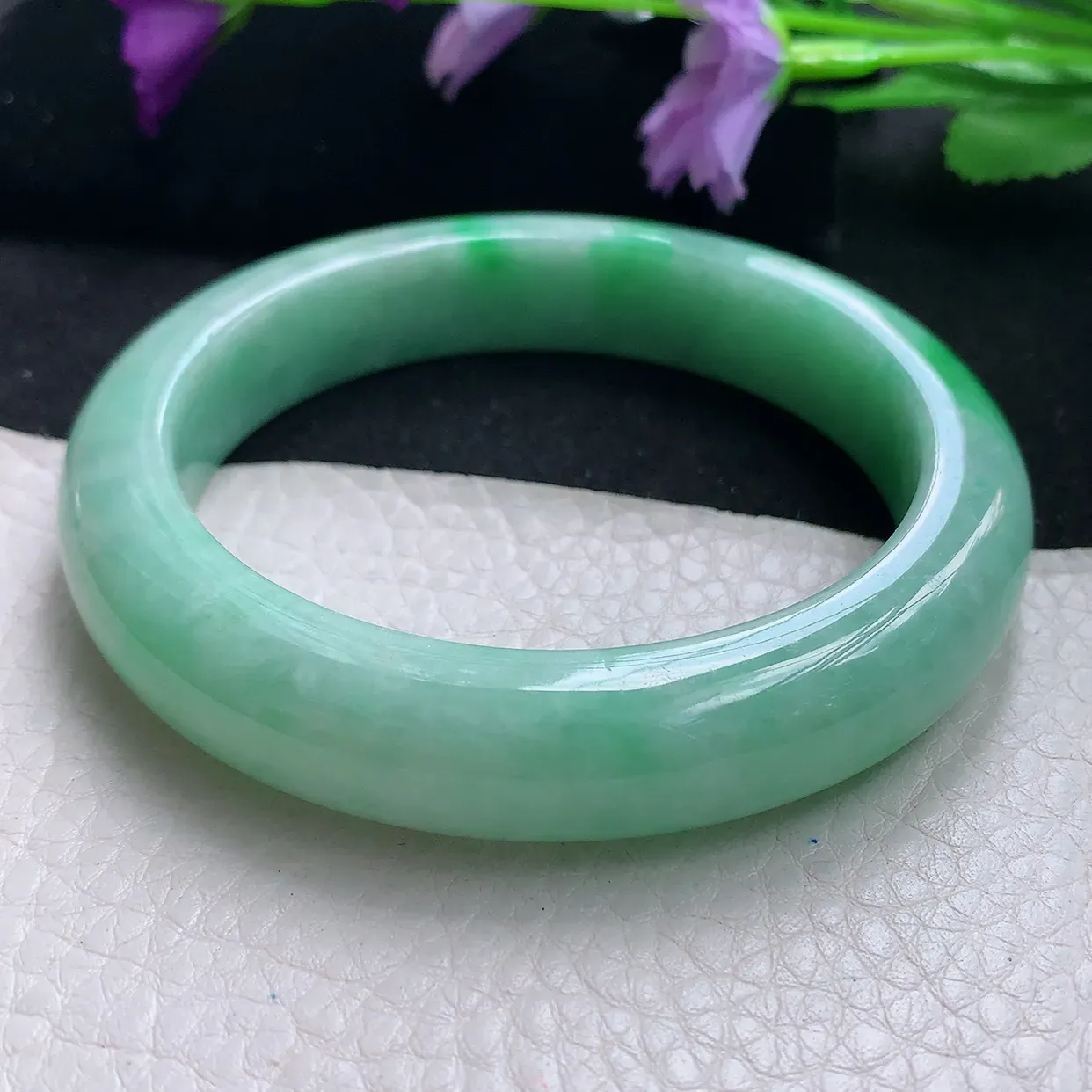 Pj自然光59.5*12.8*9.2大圈口平安镯 天然缅甸翡翠a货手镯飘绿满色正圈镯子