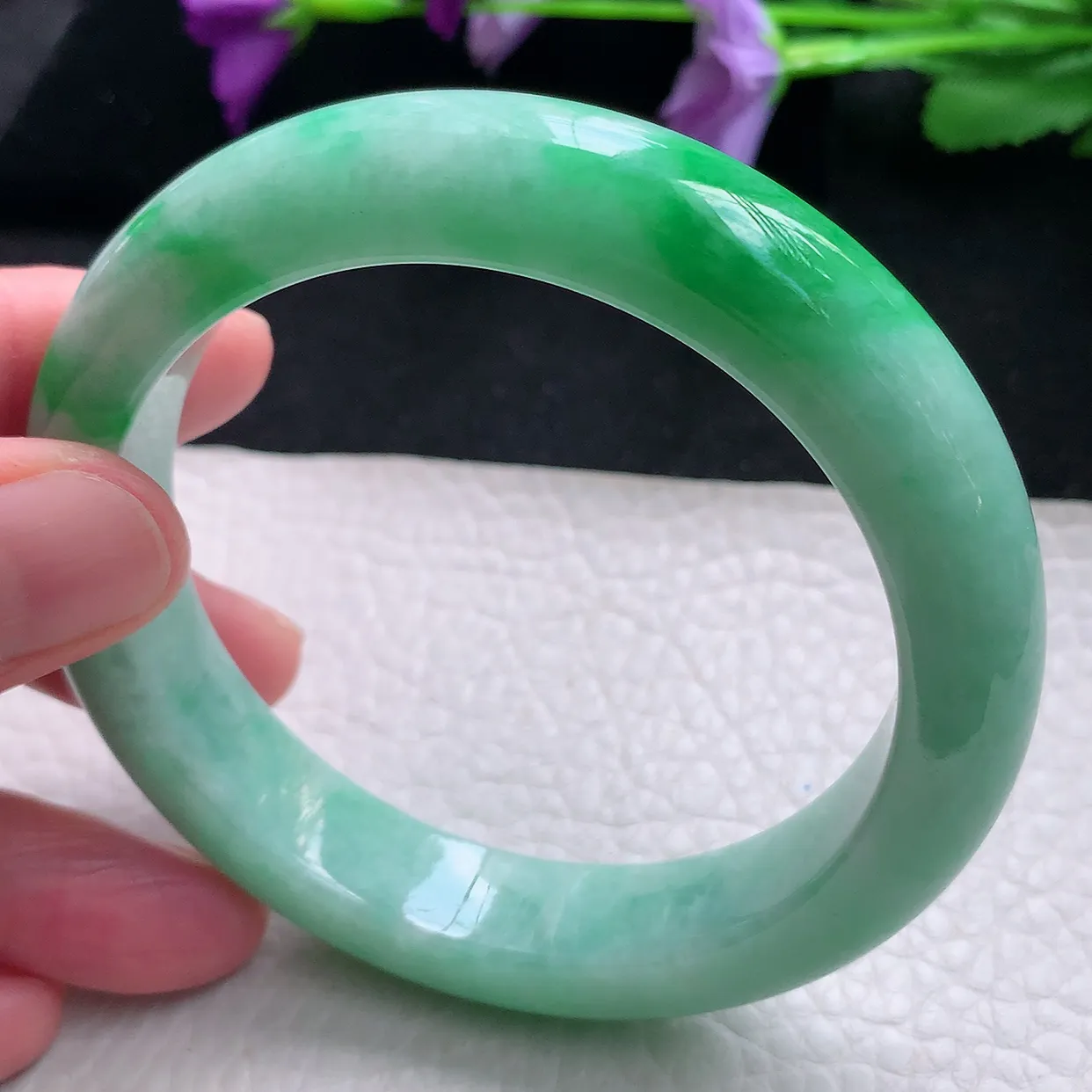 Pj自然光59.5*12.8*9.2大圈口平安镯 天然缅甸翡翠a货手镯飘绿满色正圈镯子