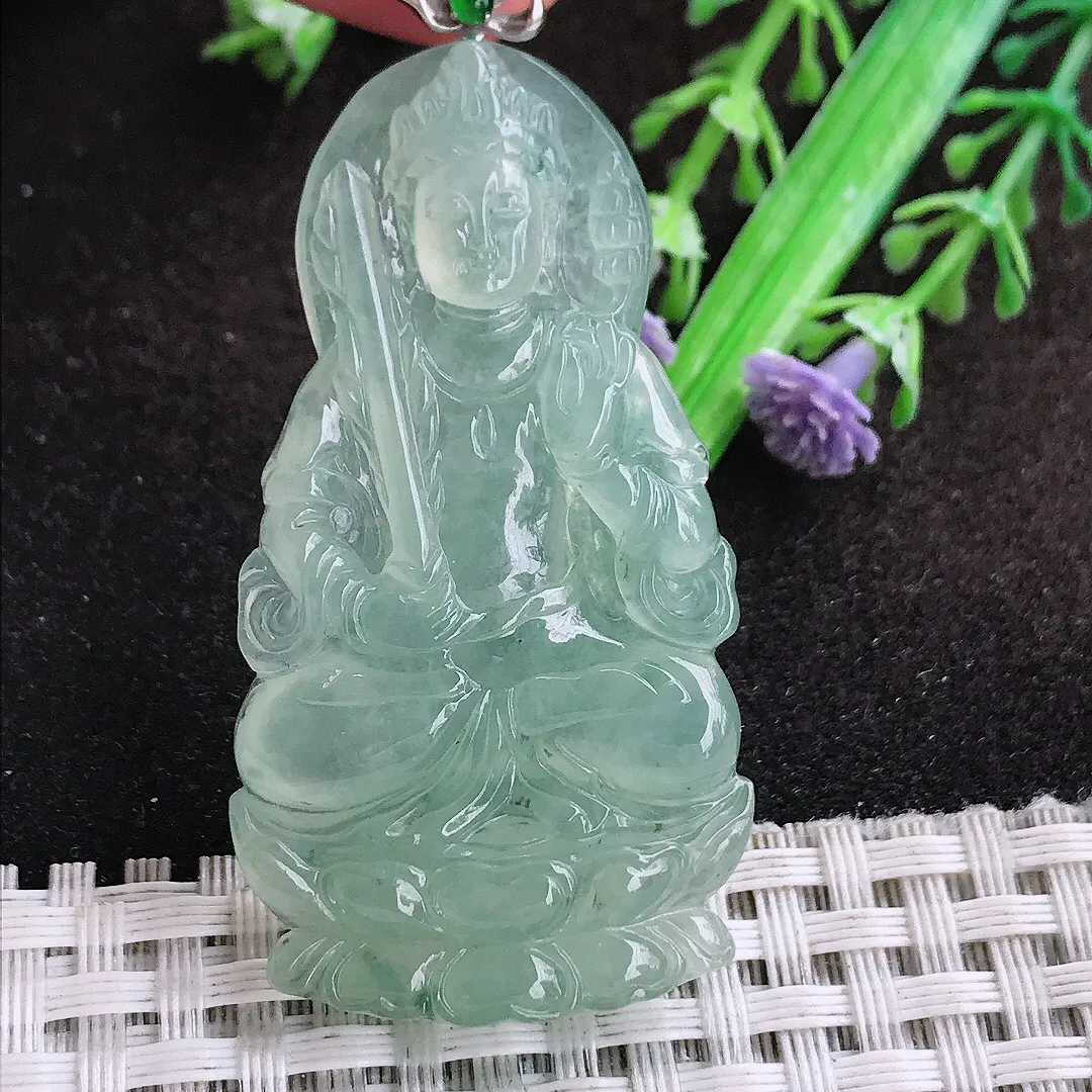 自然光51.8/28/5.3老坑18k金镶嵌冰种果冻胶冰晴绿虚空藏菩萨吊坠翡翠玉坠挂件百搭