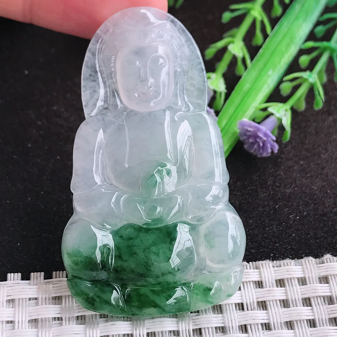 自然光55.7/33.3/4.6老坑冰胶果冻飘花观音菩萨吊坠翡翠玉坠挂件百搭