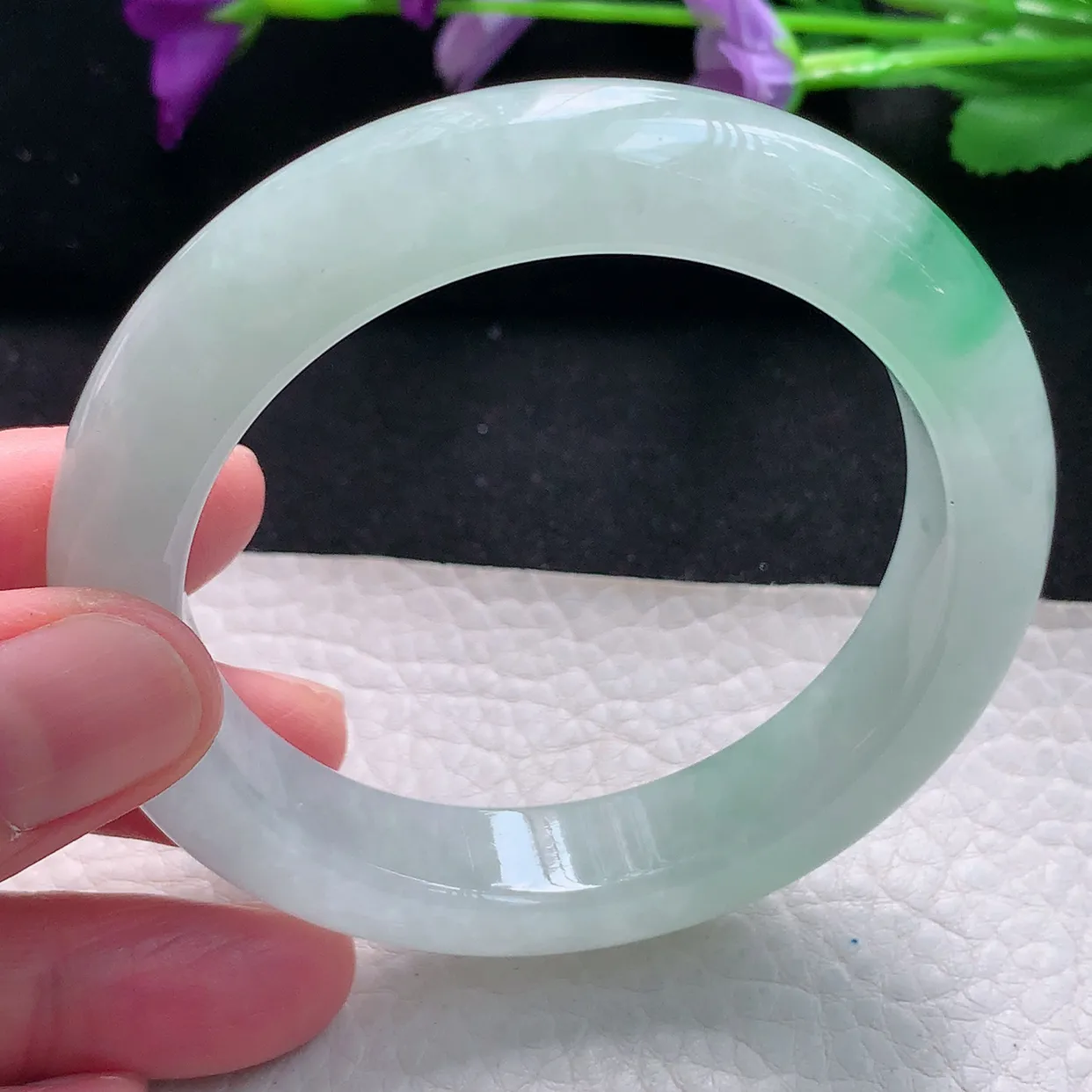 jm自然光55.5*12.5*9.6平安镯 天然缅甸翡翠a货手镯飘绿花正圈冰透厚镯子