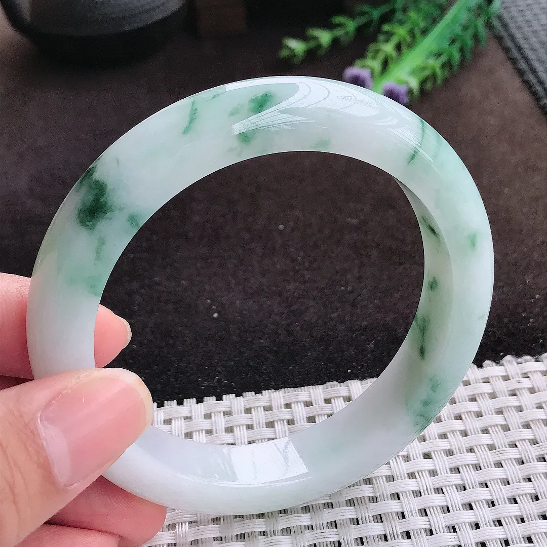 自然光60/12.6/9.3老坑冰润水灵飘花大圈口手镯宽边翡翠玉镯美人镯