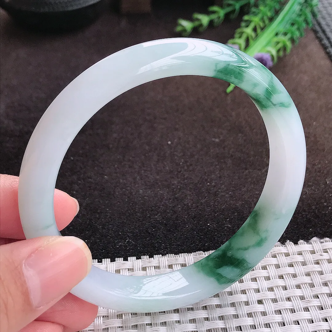 自然光63/11.7/8.2老坑冰润起胶飘花手镯大圈口宽边翡翠玉镯美人镯