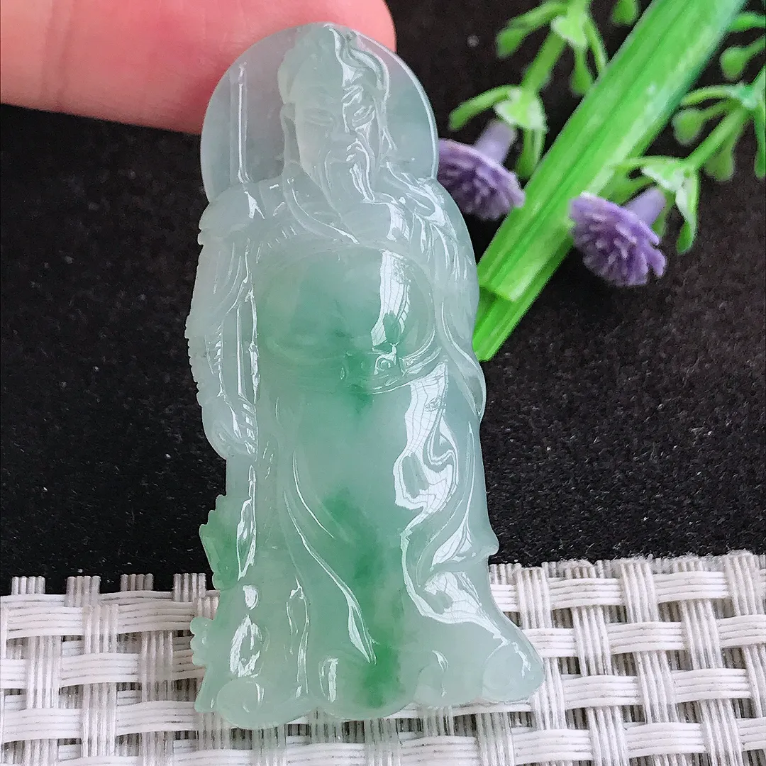 自然光51.5/25.7/6.5老坑冰胶果冻飘绿关公吊坠翡翠玉坠挂件百搭