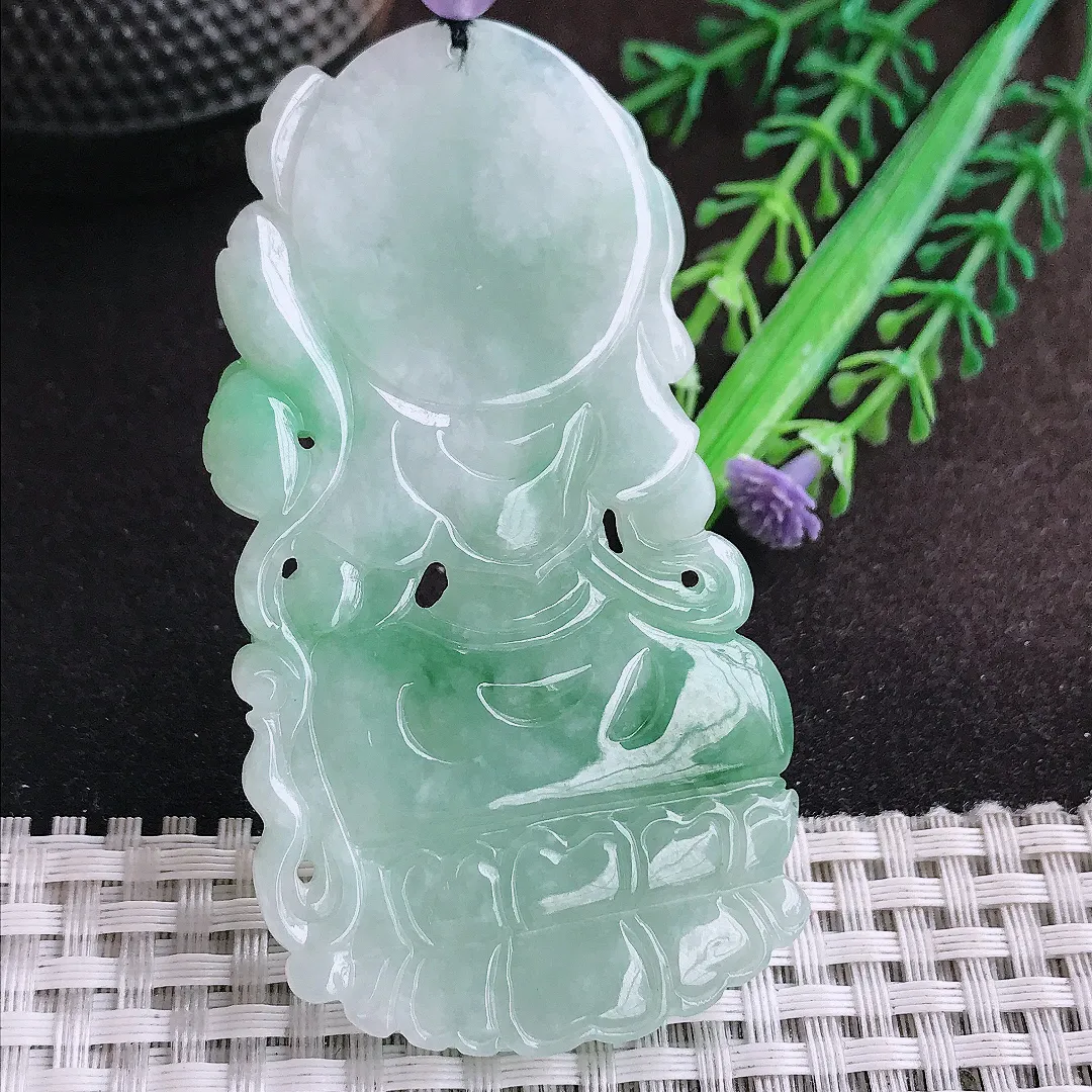 自然光73.8/40/6.8老坑精美冰润飘花渡母菩萨吊坠翡翠玉坠挂件百搭