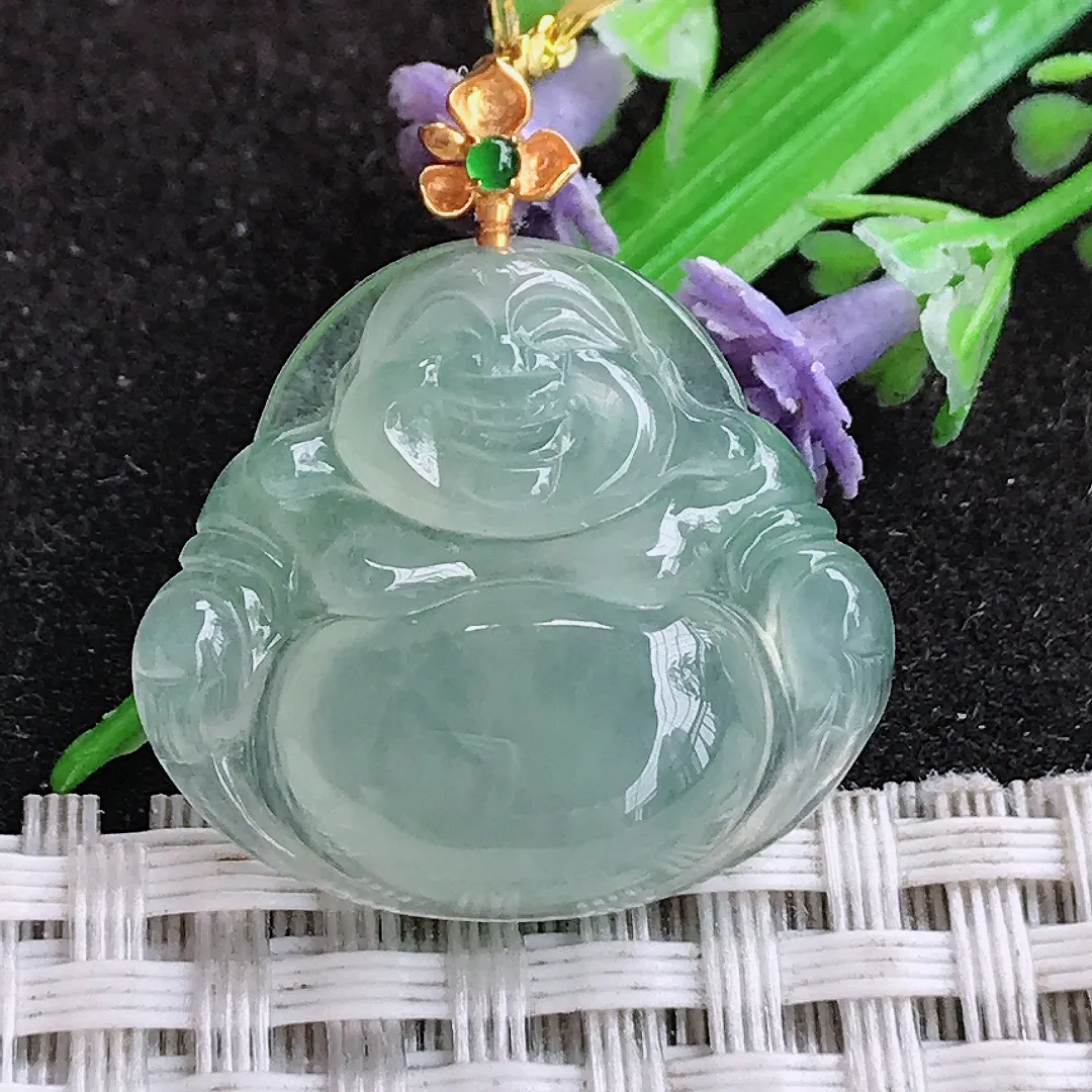 自然光22.3/25/5.8老坑18k金镶嵌冰种冰晴绿佛公吊坠翡翠玉佛挂件