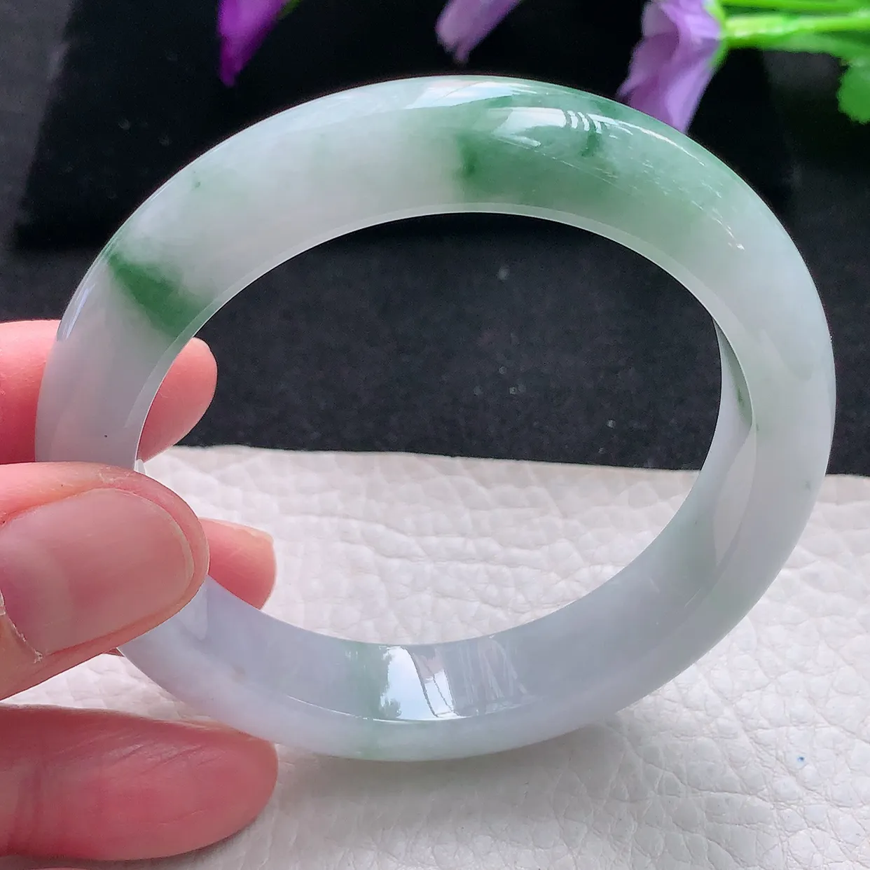 xh自然光55.5*12.6*9平安镯 天然缅甸翡翠a货手镯飘花正圈宽边镯子