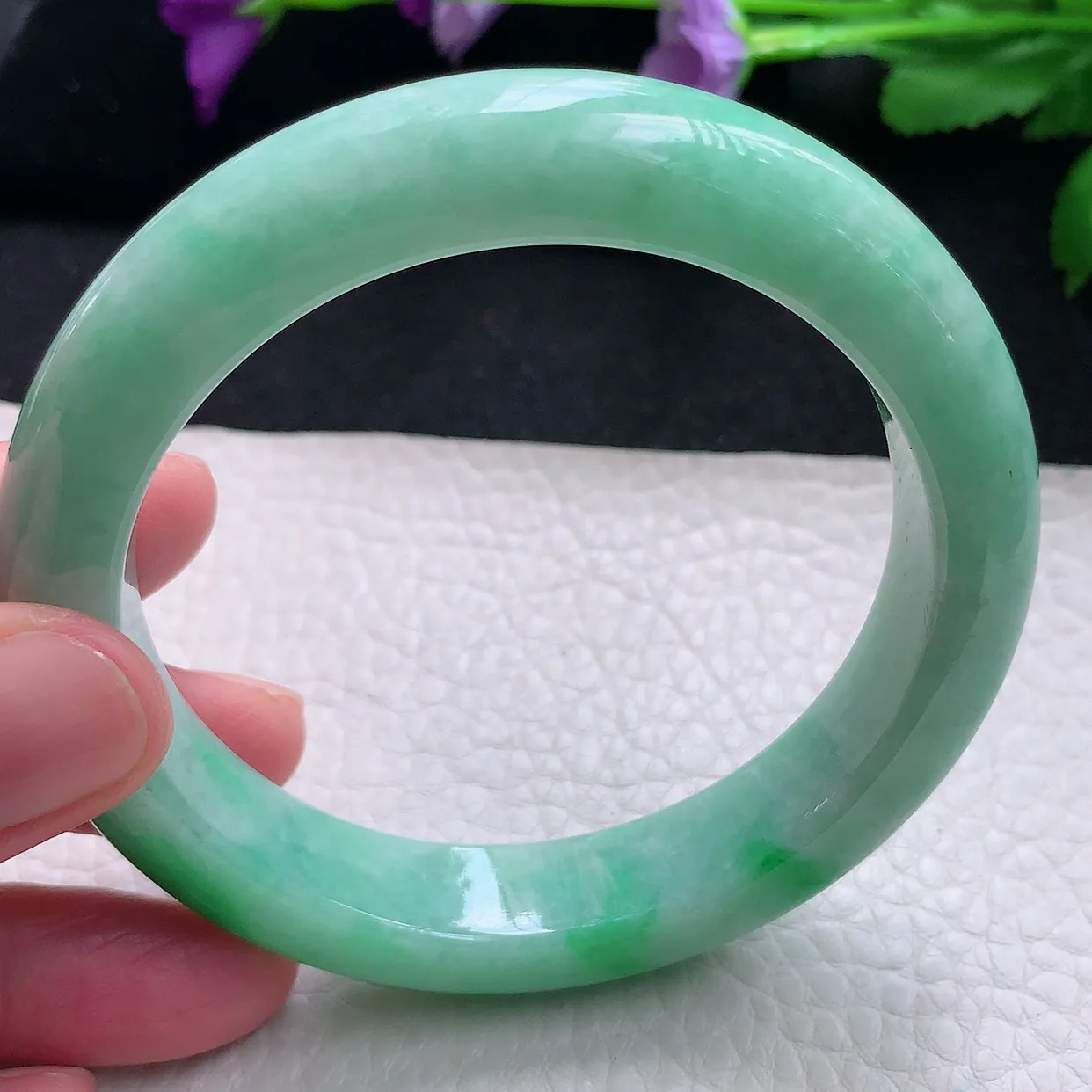 Pj自然光59.5*12.8*9.2大圈口平安镯 天然缅甸翡翠a货手镯飘绿满色正圈镯子