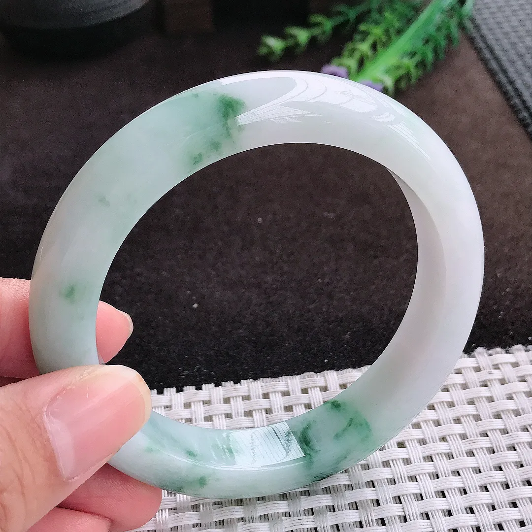 自然光60/12.6/9.3老坑冰润水灵飘花大圈口手镯宽边翡翠玉镯美人镯