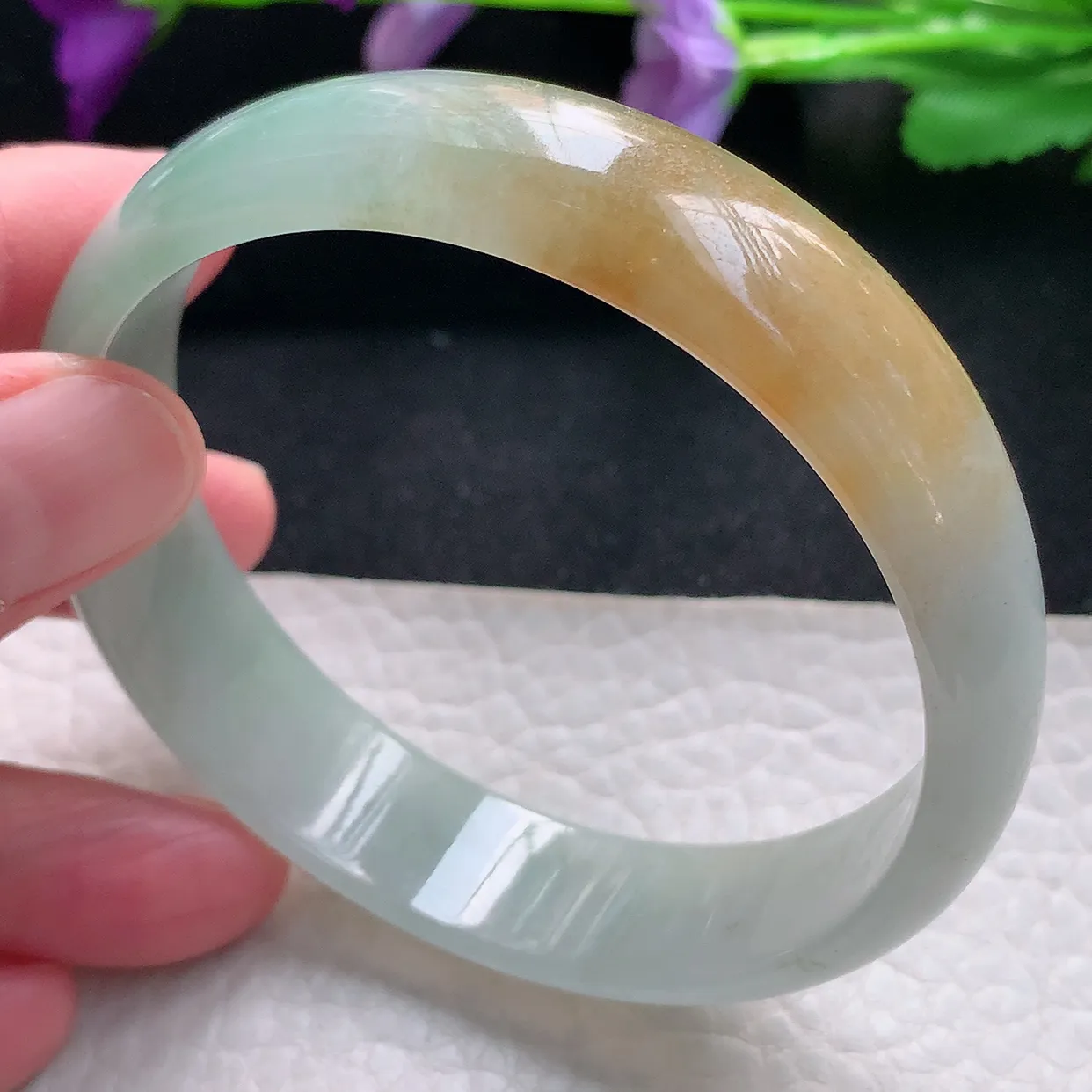 mq自然光60*15*5轮胎镯 天然缅甸翡翠a货手镯黄翡正圈宽边平安镯冰透镯子