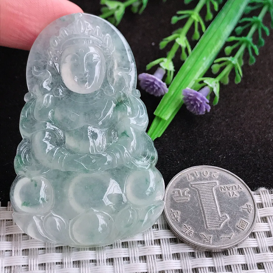 自然光60.6/39/6.6老坑冰种果冻胶飘花观音菩萨吊坠翡翠玉坠挂件百搭