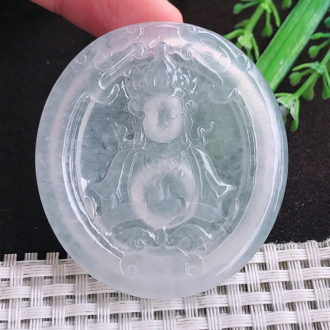 自然光52.3/48/5老坑冰种起胶白冰观音菩萨吊坠翡翠玉坠挂件百搭