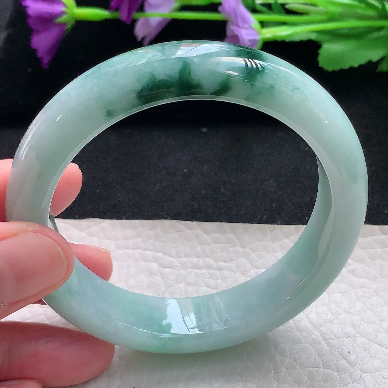 qn自然光58.5*14.2*9.2平安镯 天然缅甸翡翠a货手镯飘花正圈宽边镯子