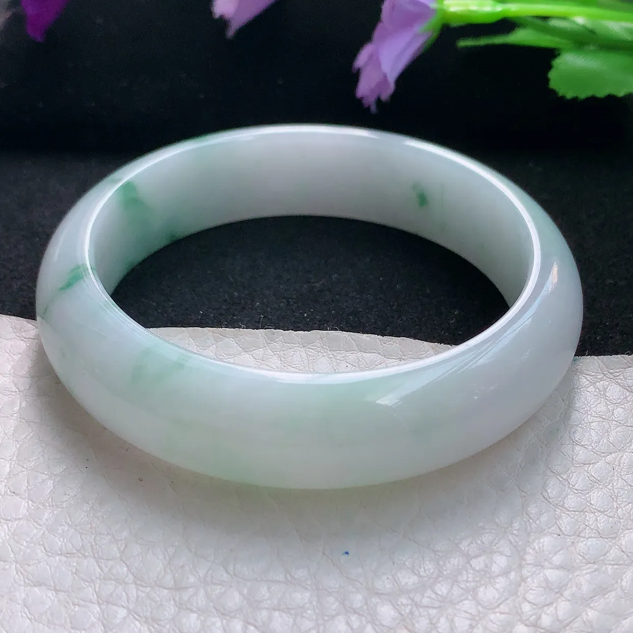 js自然光54*14*7.8平安镯 天然缅甸翡翠手镯飘花正圈宽边镯子玉手环