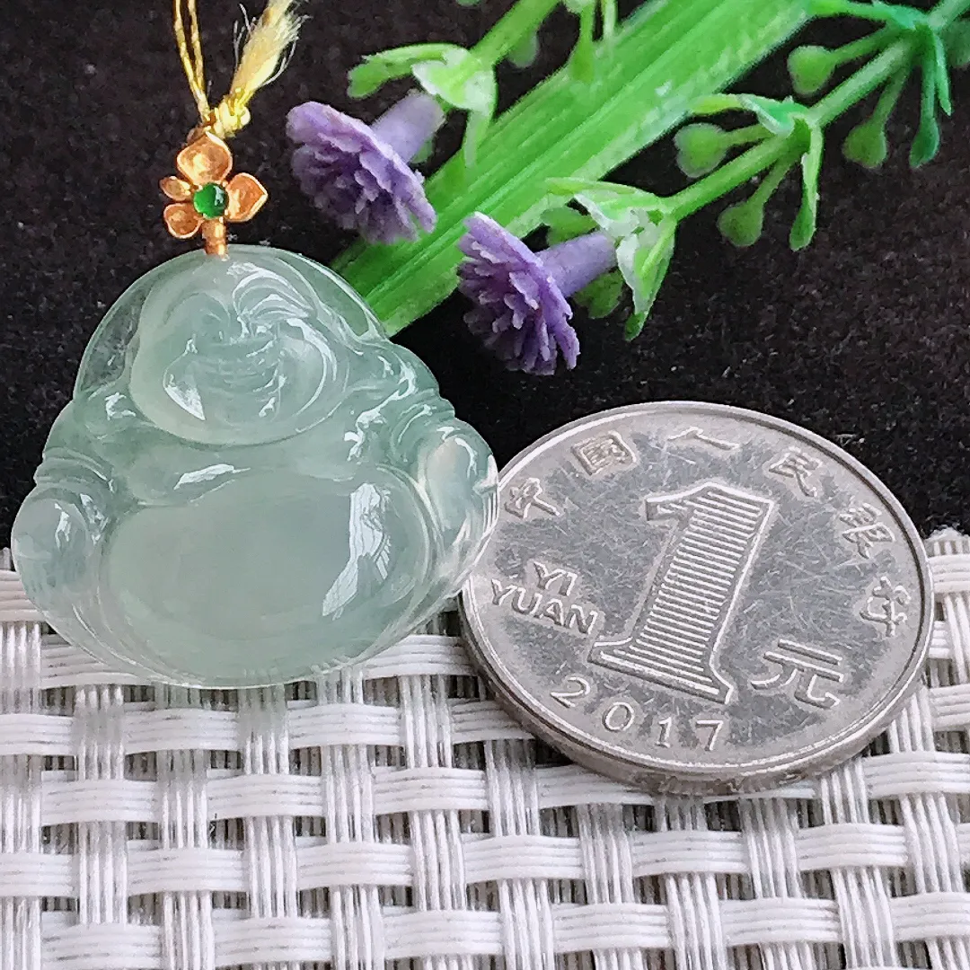 自然光22.3/25/5.8老坑18k金镶嵌冰种冰晴绿佛公吊坠翡翠玉佛挂件