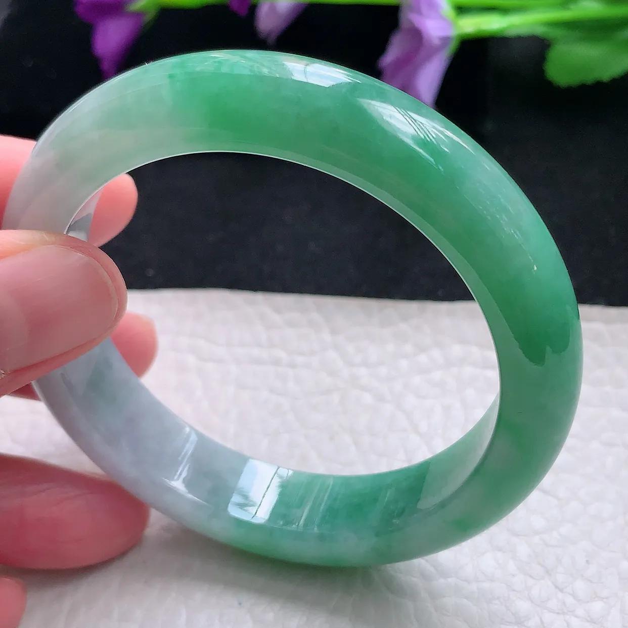 Pj自然光54*12.3*8.7平安镯 天然缅甸翡翠a货手镯半山半水绿镯手镯