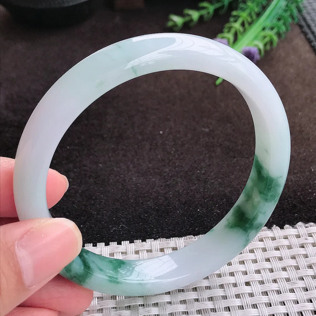 自然光63/11.7/8.2老坑冰润起胶飘花手镯大圈口宽边翡翠玉镯美人镯