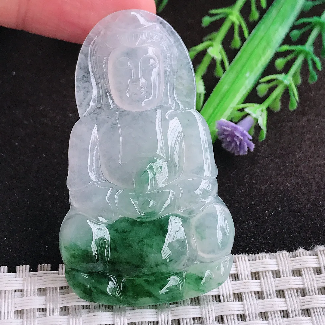 自然光55.7/33.3/4.6老坑冰胶果冻飘花观音菩萨吊坠翡翠玉坠挂件百搭