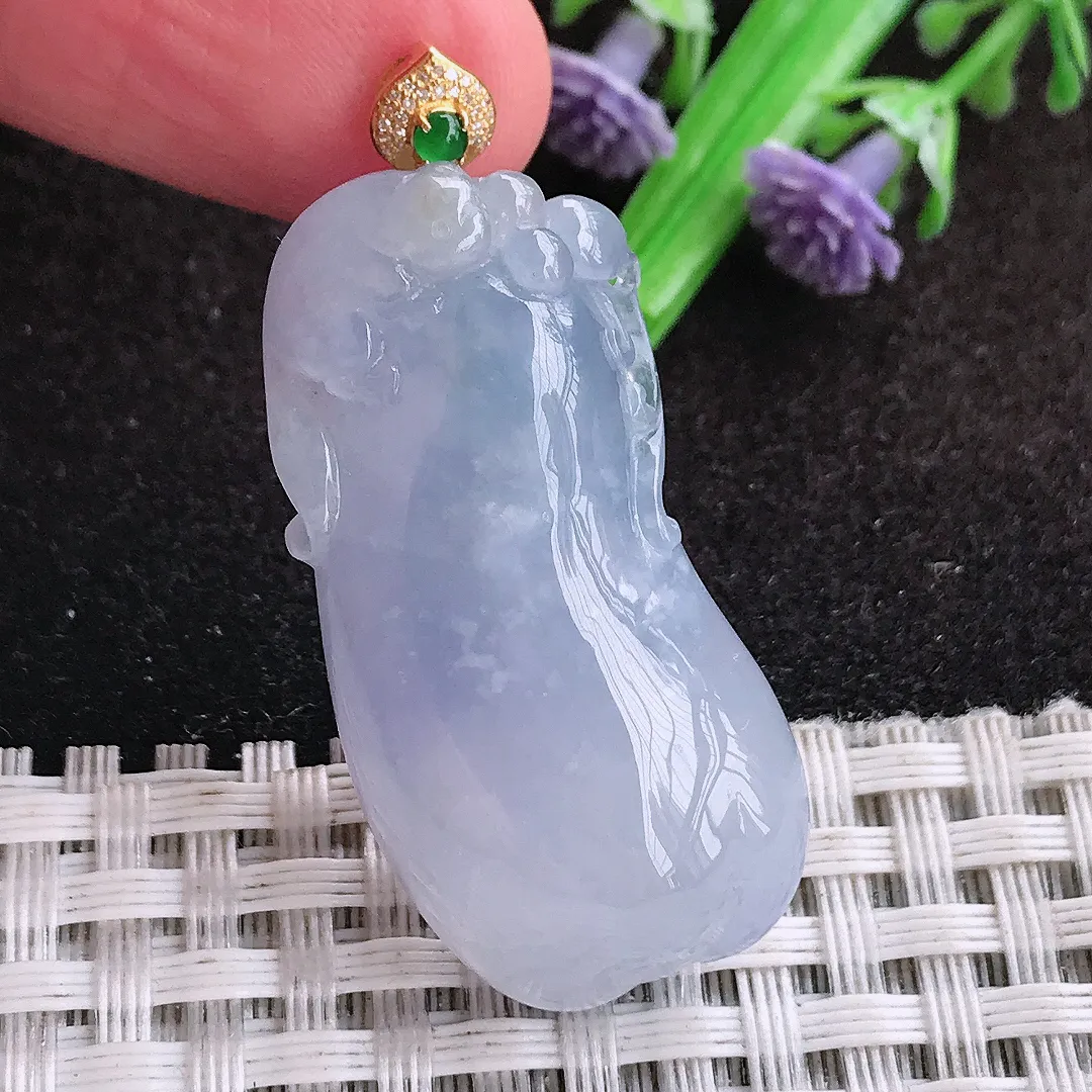 自然光38/18.8/11老坑18k金镶嵌冰润起胶紫罗兰福瓜吊坠翡翠玉坠挂件