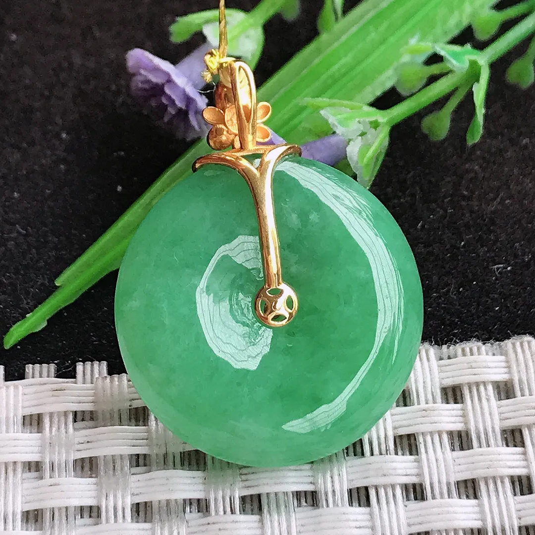 自然光24/5.6老坑18k金镶嵌满绿平安扣吊坠翡翠玉坠挂件